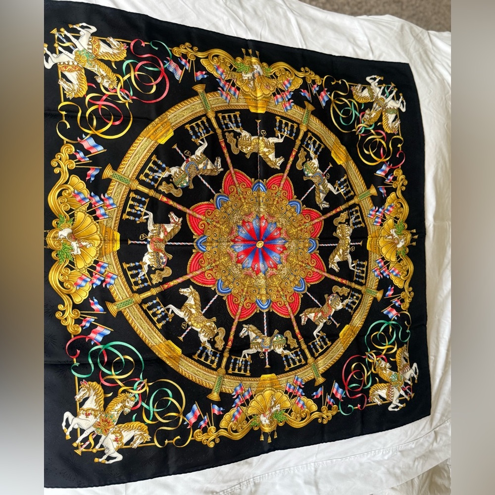 Hermès Vintage “Luna Park” Silk Scarf – Black – Rare – Auth w/ Box & Store Card
